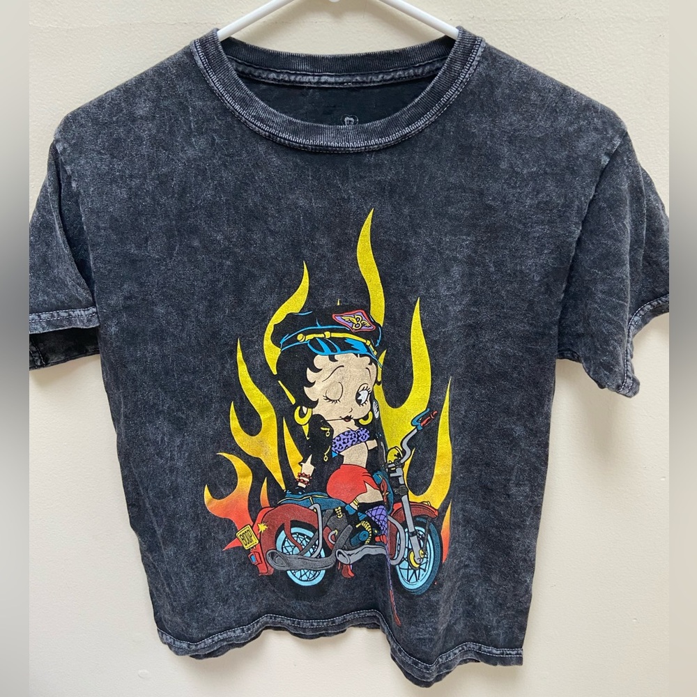 Betty Boop Motorcycle Flames Honey Acid Wash Black Graphic T-shirt; XS